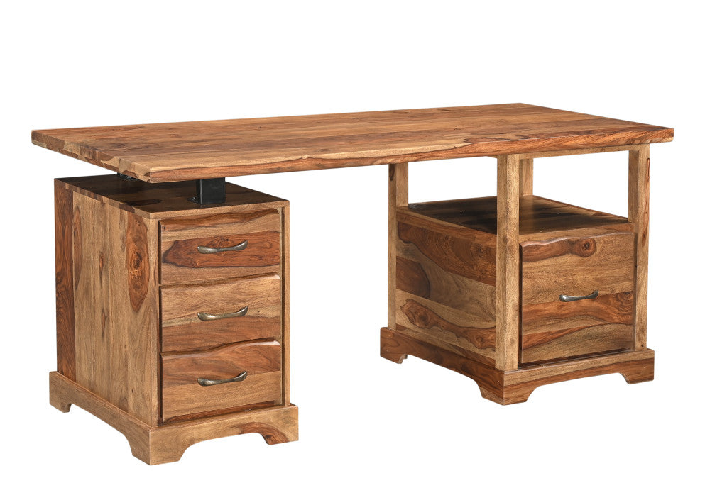 68" Brown Live Edge Solid Wood Writing Desk With Four Drawers