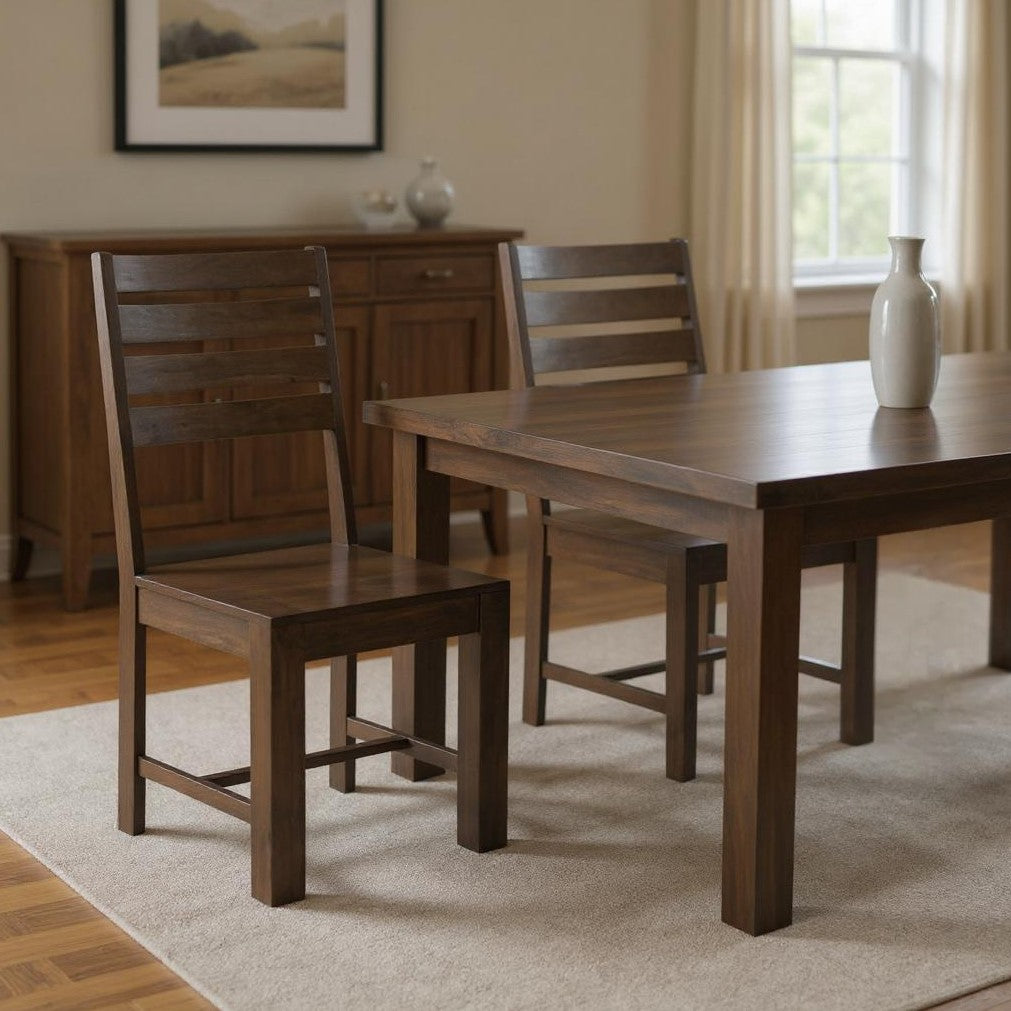 Set of Two Brown Solid Wood Ladder Back Dining Side Chairs