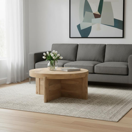 36" Natural Solid Wood Round Cross Legs Coffee Table