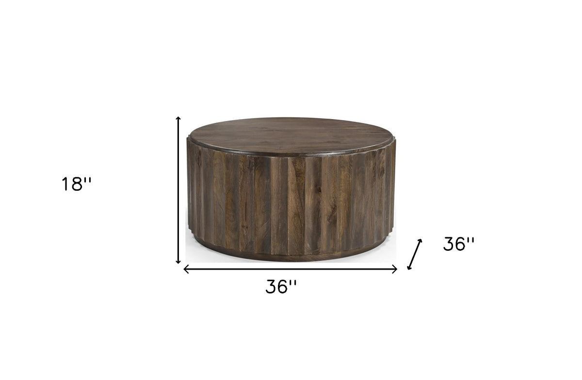 36" Brown Solid Wood Round Drum Coffee Table