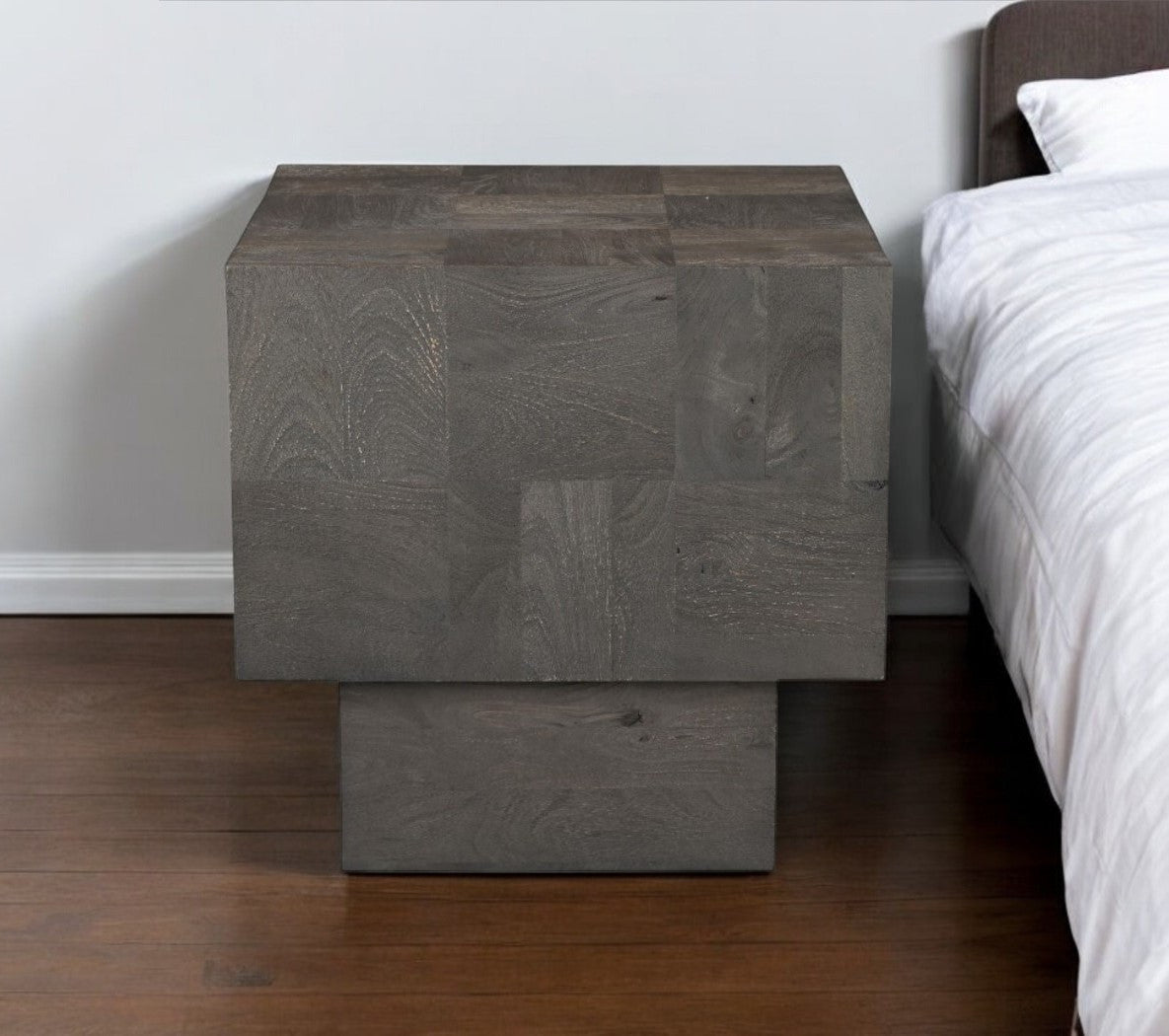 22" Gray Distressed Solid Wood Square Block End Table