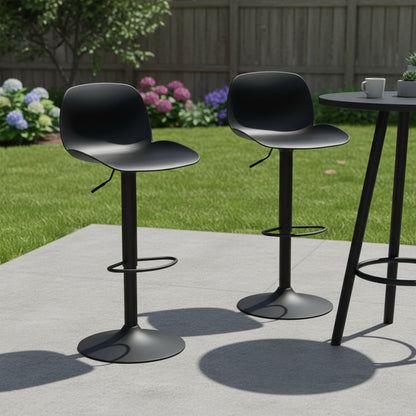 Set of Two Black Heavy Duty Plastic and Metal Low Back Adjustable Height Swivel Bar Chairs