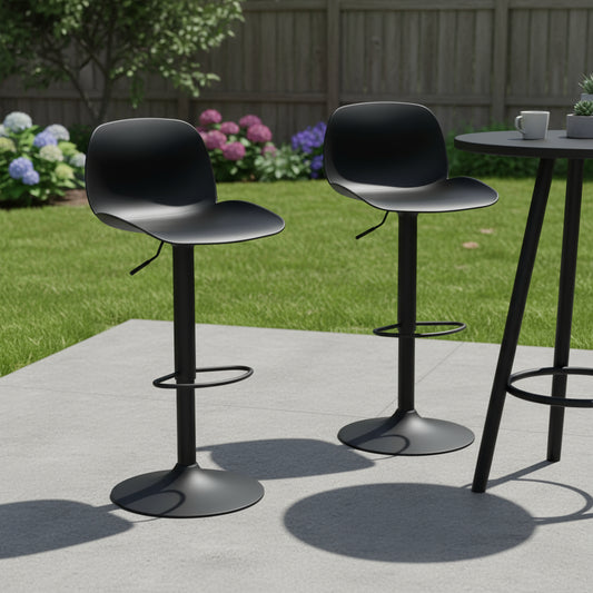 Set of Two Black Heavy Duty Plastic and Metal Low Back Adjustable Height Swivel Bar Chairs