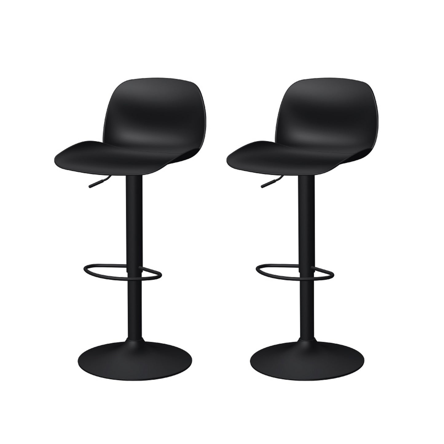Set of Two Black Heavy Duty Plastic and Metal Low Back Adjustable Height Swivel Bar Chairs