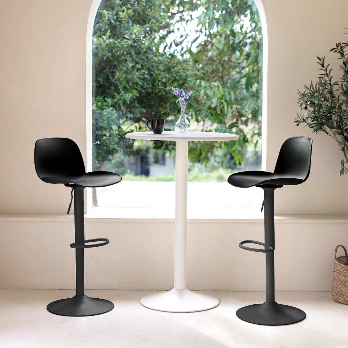 Set of Two Black Heavy Duty Plastic and Metal Low Back Adjustable Height Swivel Bar Chairs