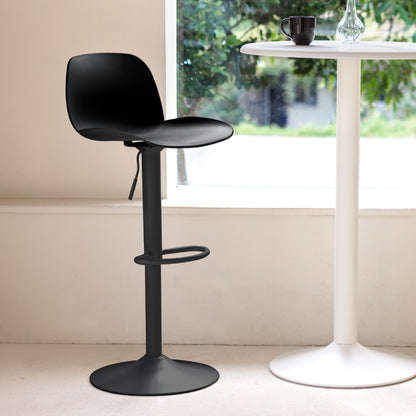 Set of Two Black Heavy Duty Plastic and Metal Low Back Adjustable Height Swivel Bar Chairs