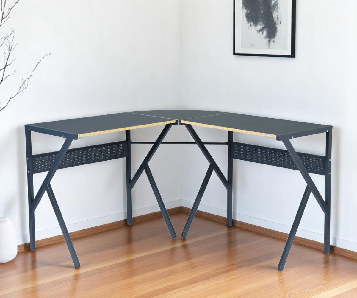 49" Black Wood and Metal Corner H-Shape Computer Desk