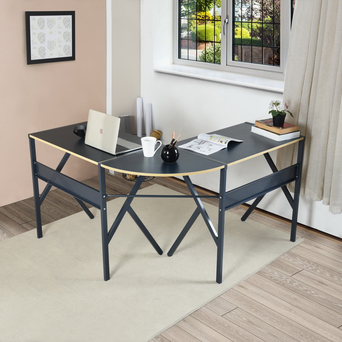 49" Black Wood and Metal Corner H-Shape Computer Desk