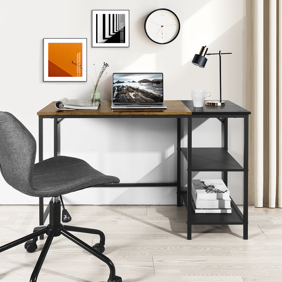 43" Brown and Black Wood and Metal H-Shape Computer Desk