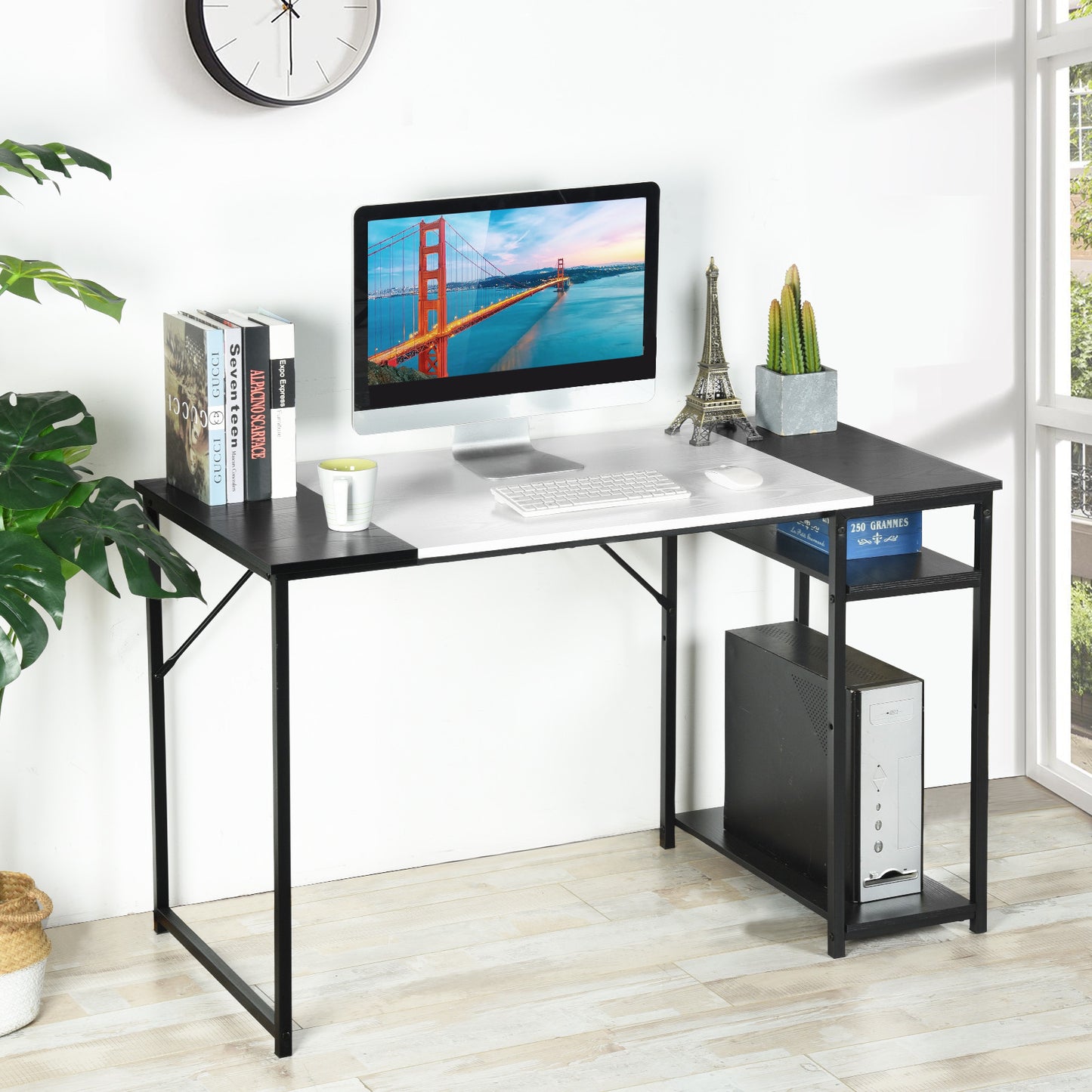 47" Black and White Wood and Metal H-Shape Computer Desk