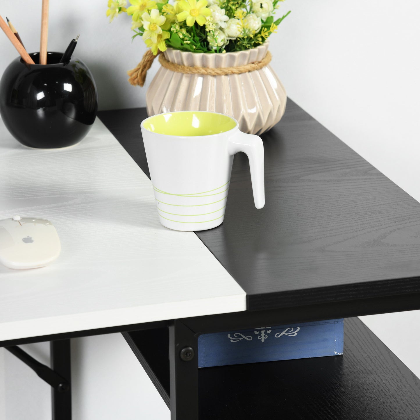 47" Black and White Wood and Metal H-Shape Computer Desk
