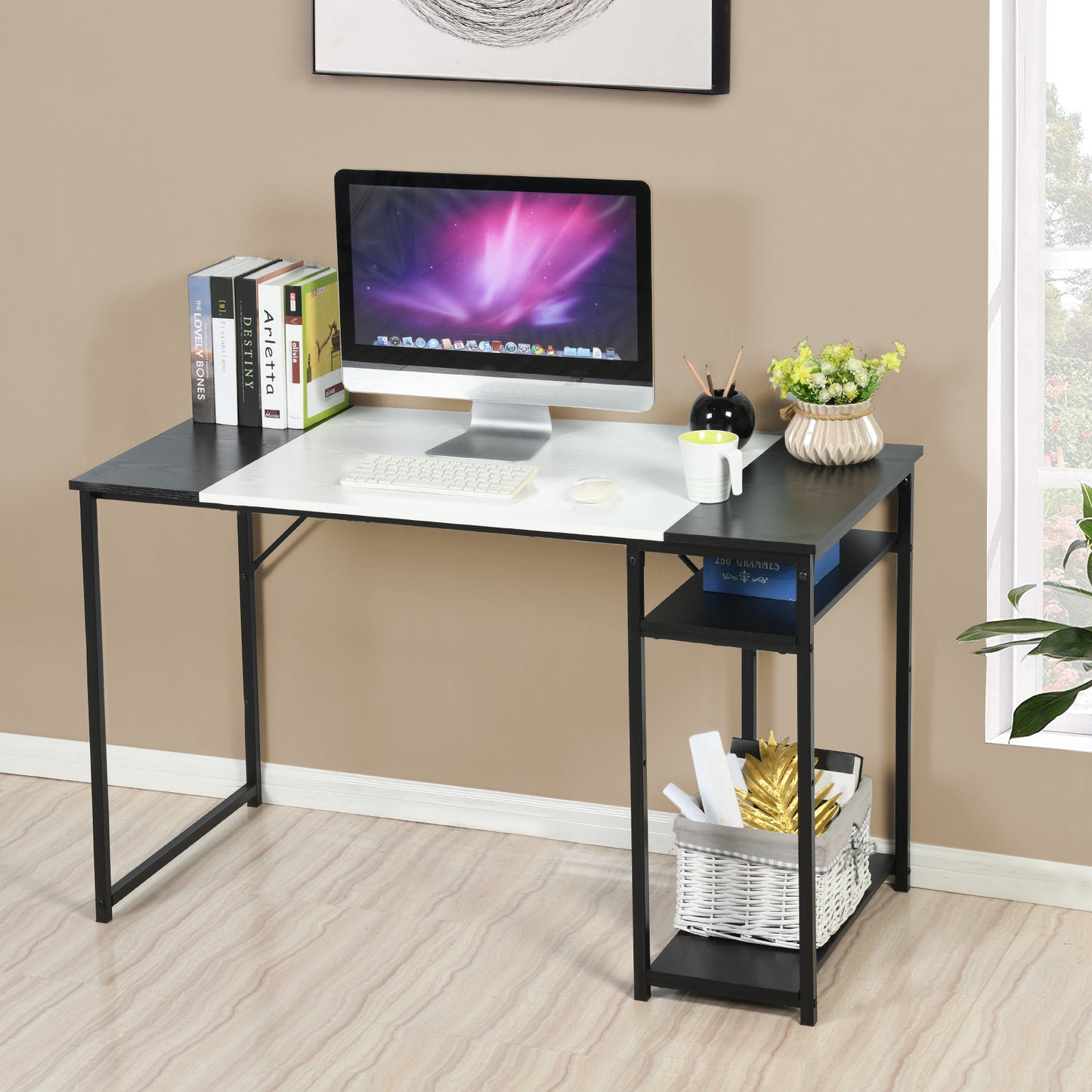 47" Black and White Wood and Metal H-Shape Computer Desk