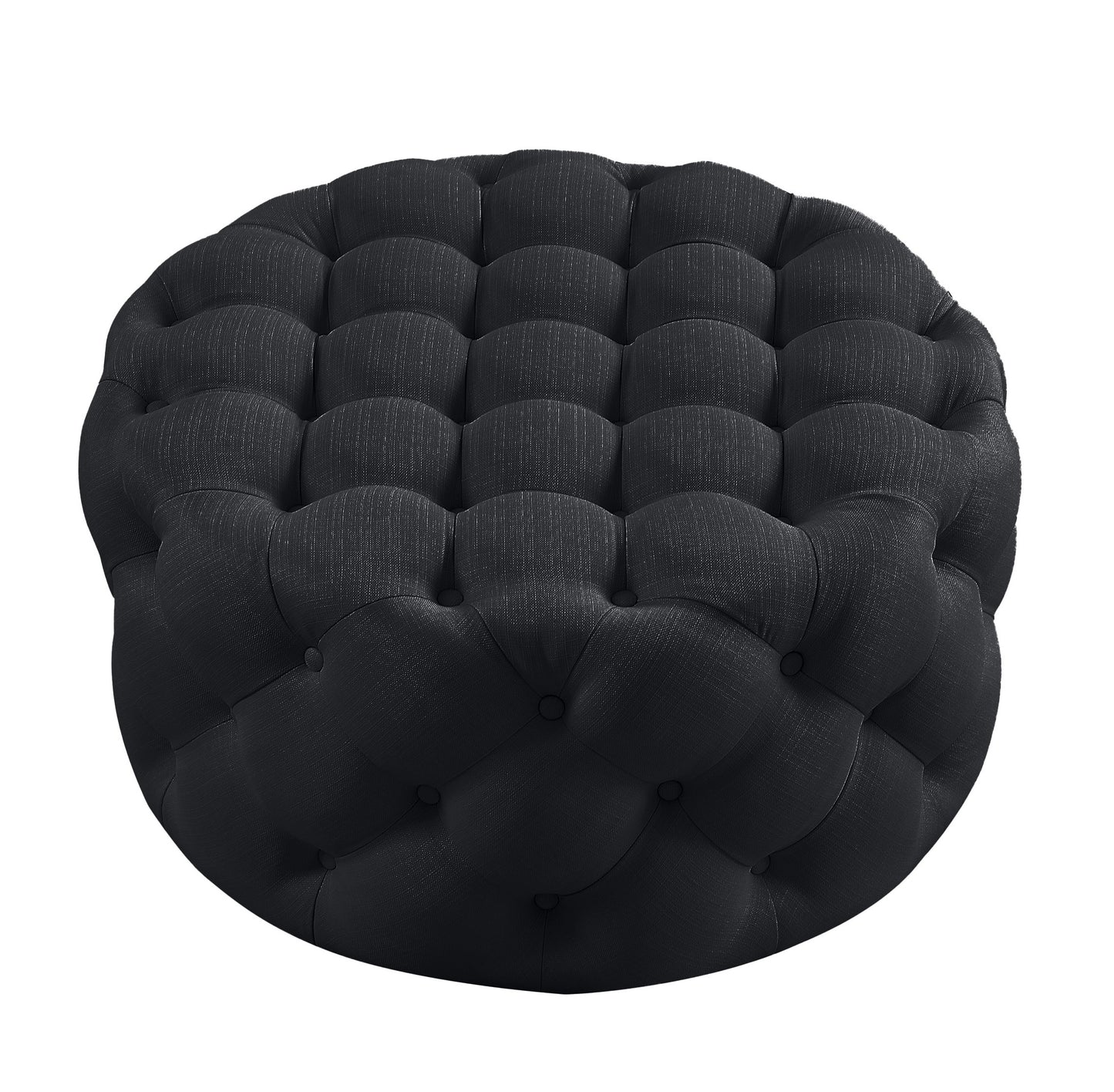 33" Black Linen Tufted Round Cocktail Ottoman