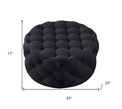 33" Black Linen Tufted Round Cocktail Ottoman