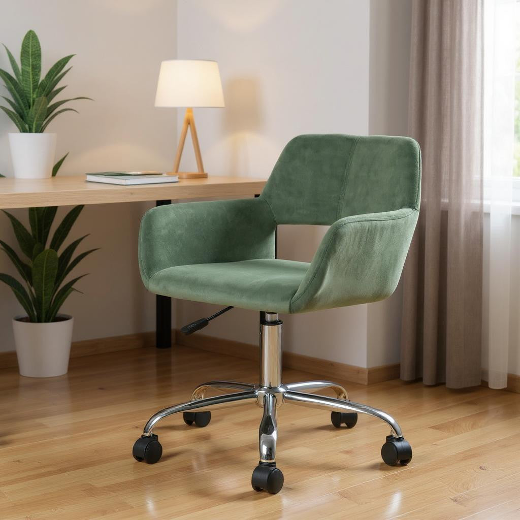 Green and Silver Upholstered and Steel Adjustable Swivel Rolling Office Chair
