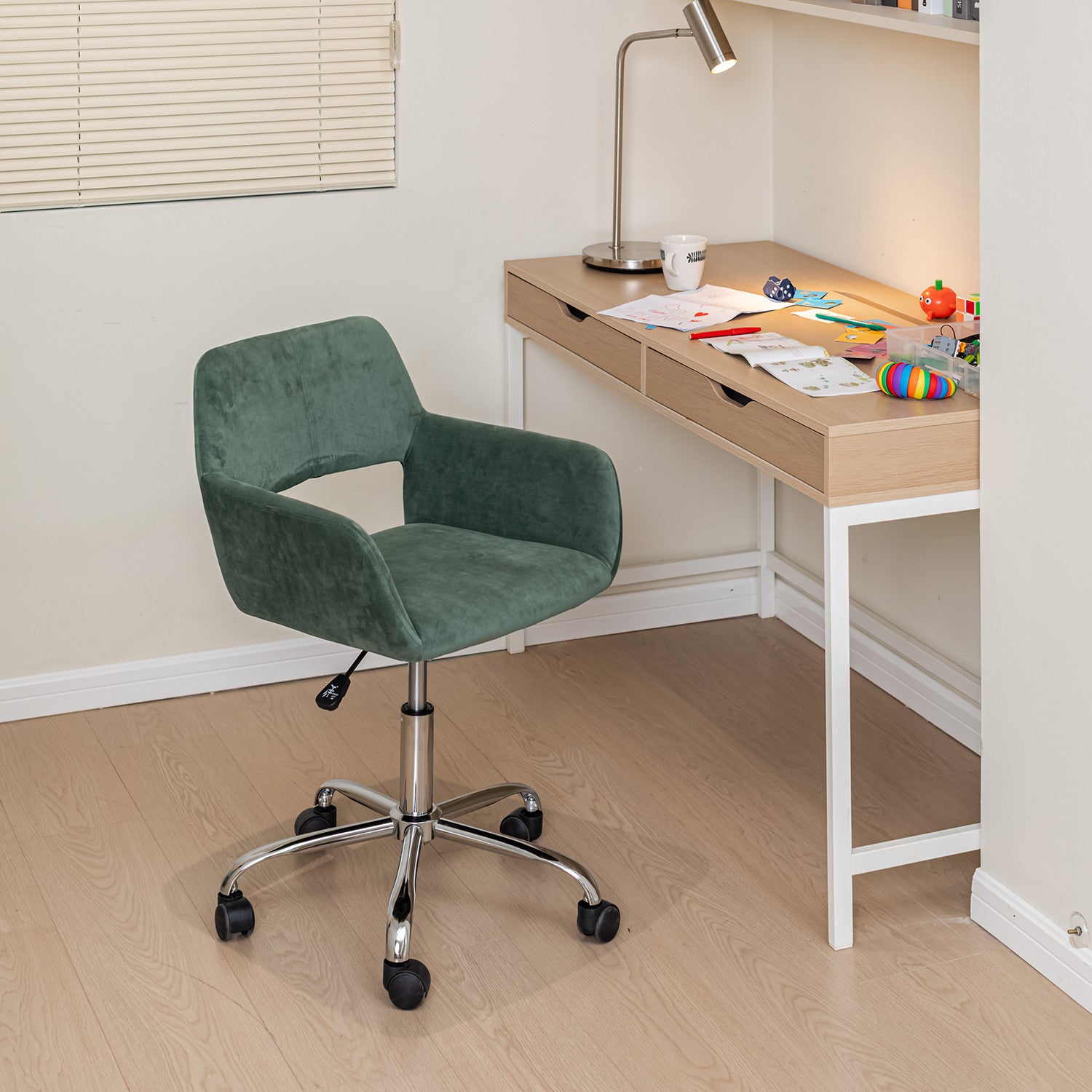 Green and Silver Upholstered and Steel Adjustable Swivel Rolling Office Chair