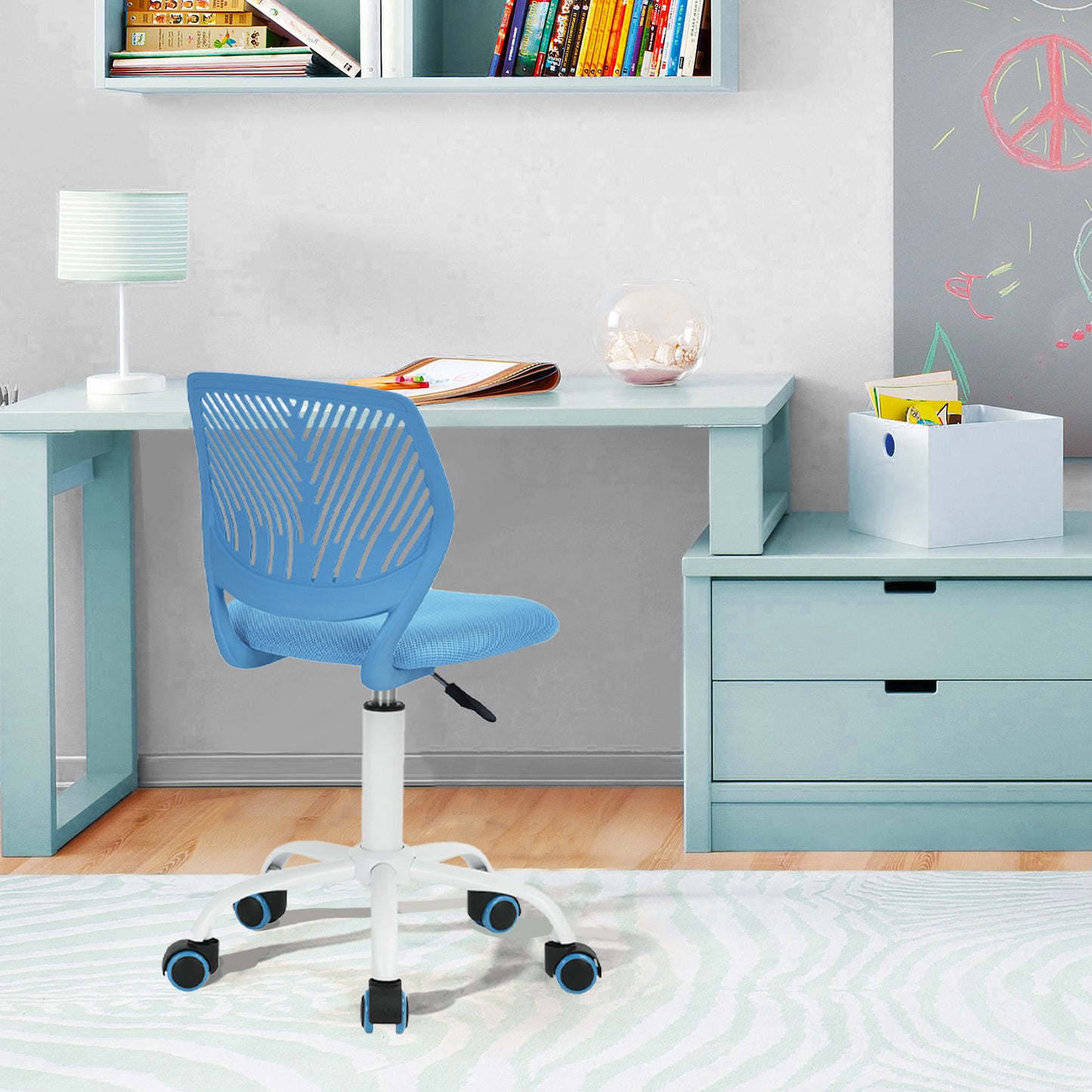 Blue and White Adjustable Height Swivel Rolling Office Chair
