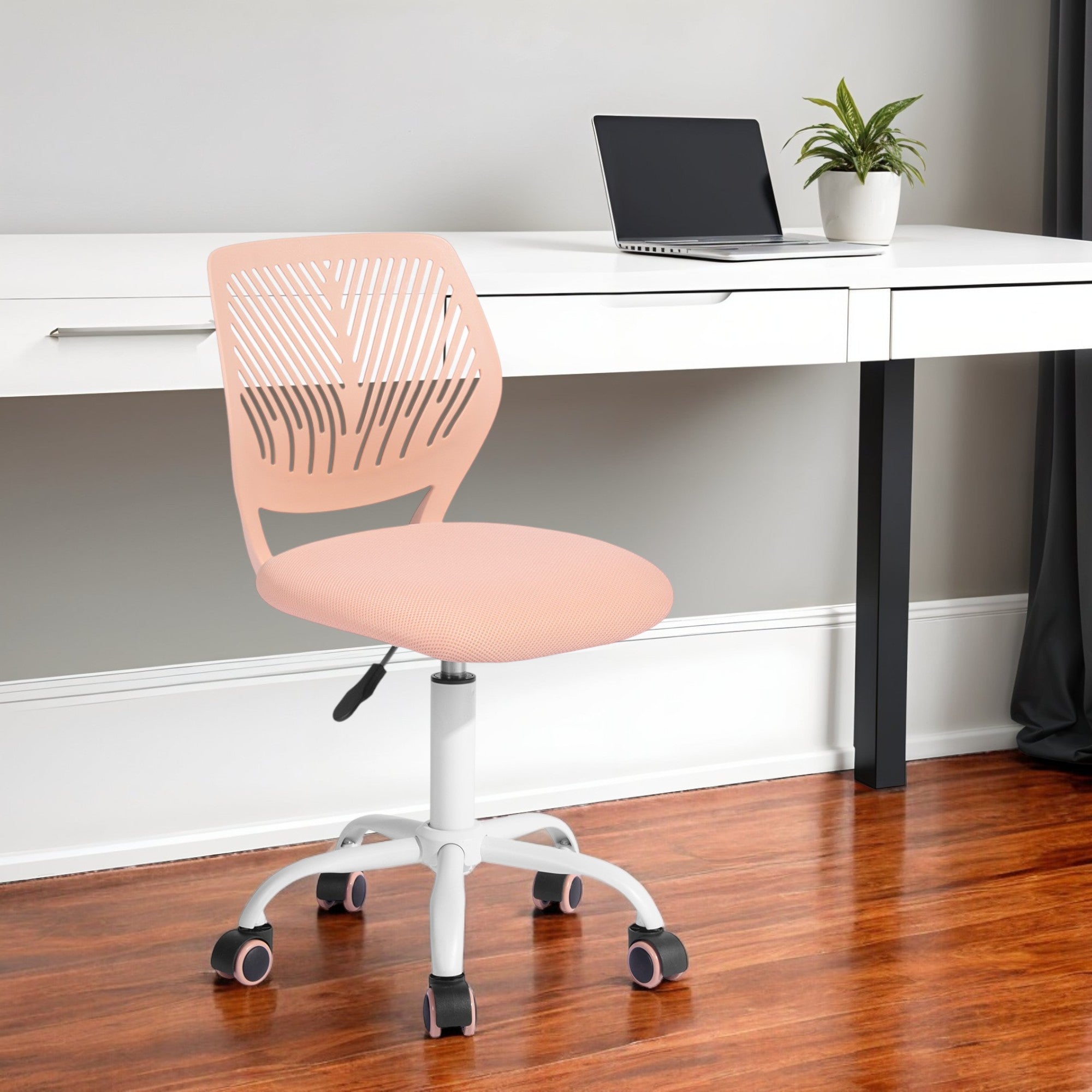 Baby Pink and White Adjustable Height Swivel Rolling Office Chair