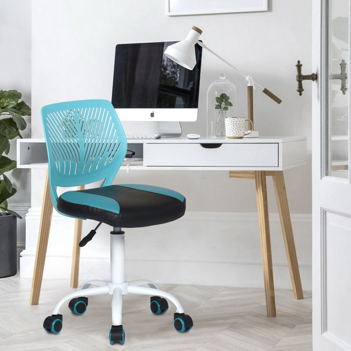 Blue Black and White Adjustable Height Swivel Rolling Office Chair