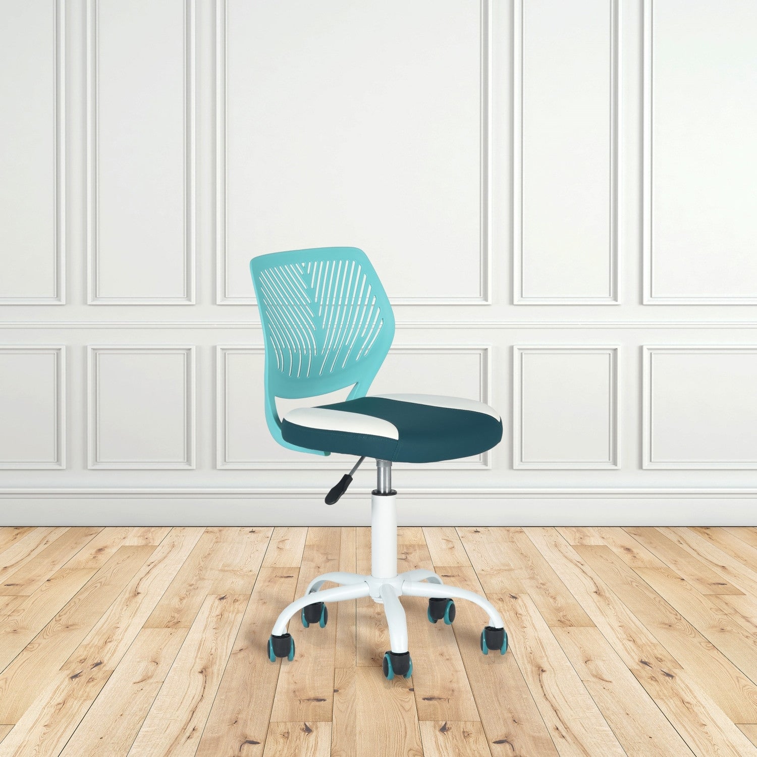 Aqua Teal Blue and White Adjustable Height Swivel Rolling Office Chair
