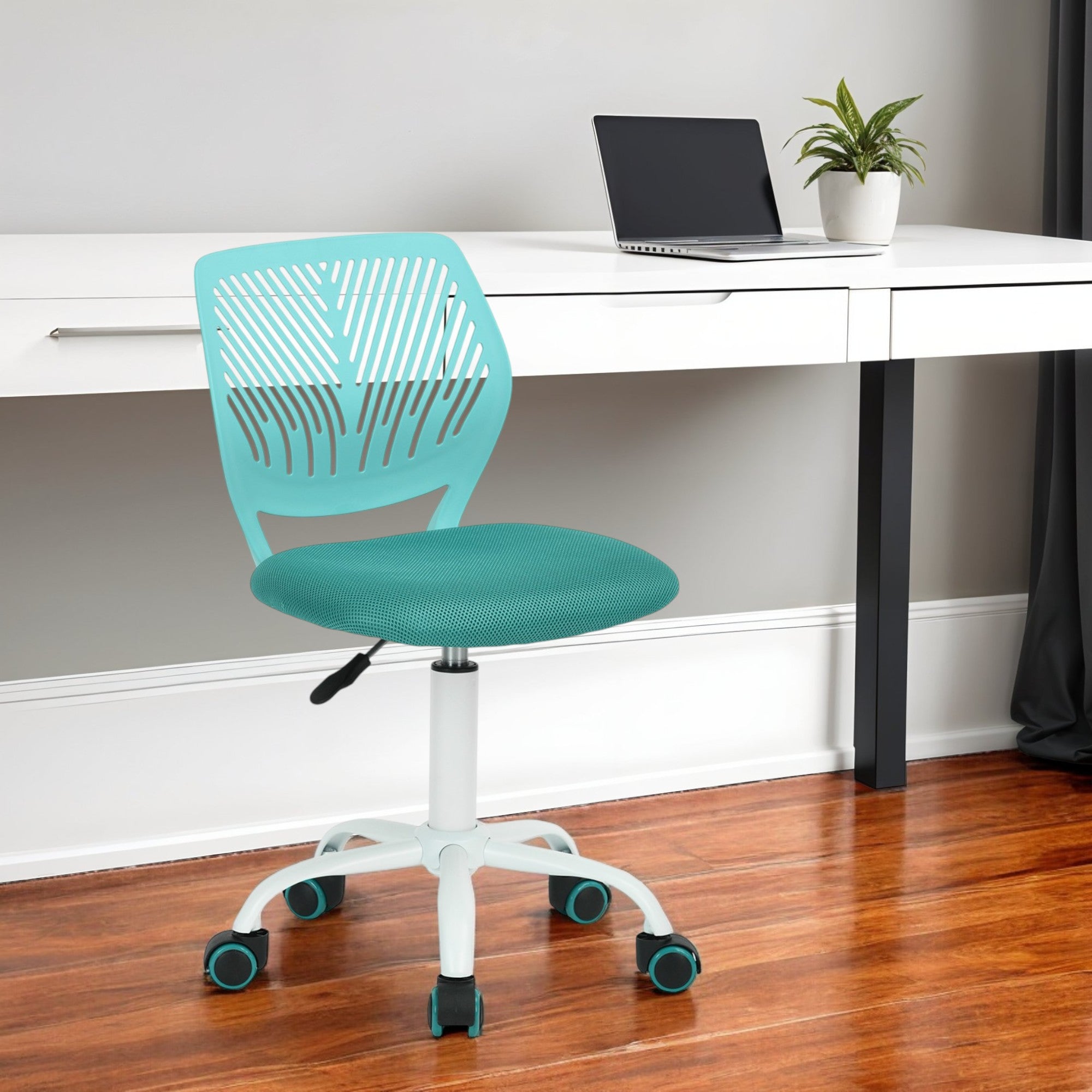Turquoise and White Adjustable Height Swivel Rolling Office Chair
