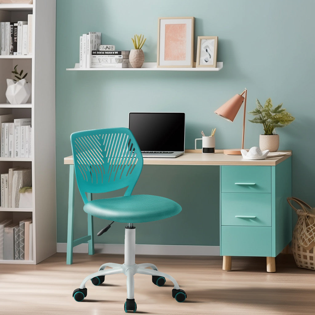 Turquoise and White Adjustable Height Swivel Rolling Office Chair