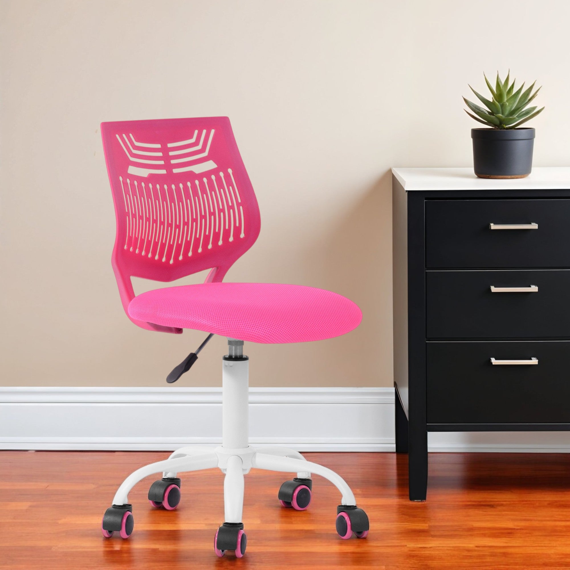 Pink and White Adjustable Height Swivel Rolling Office Chair