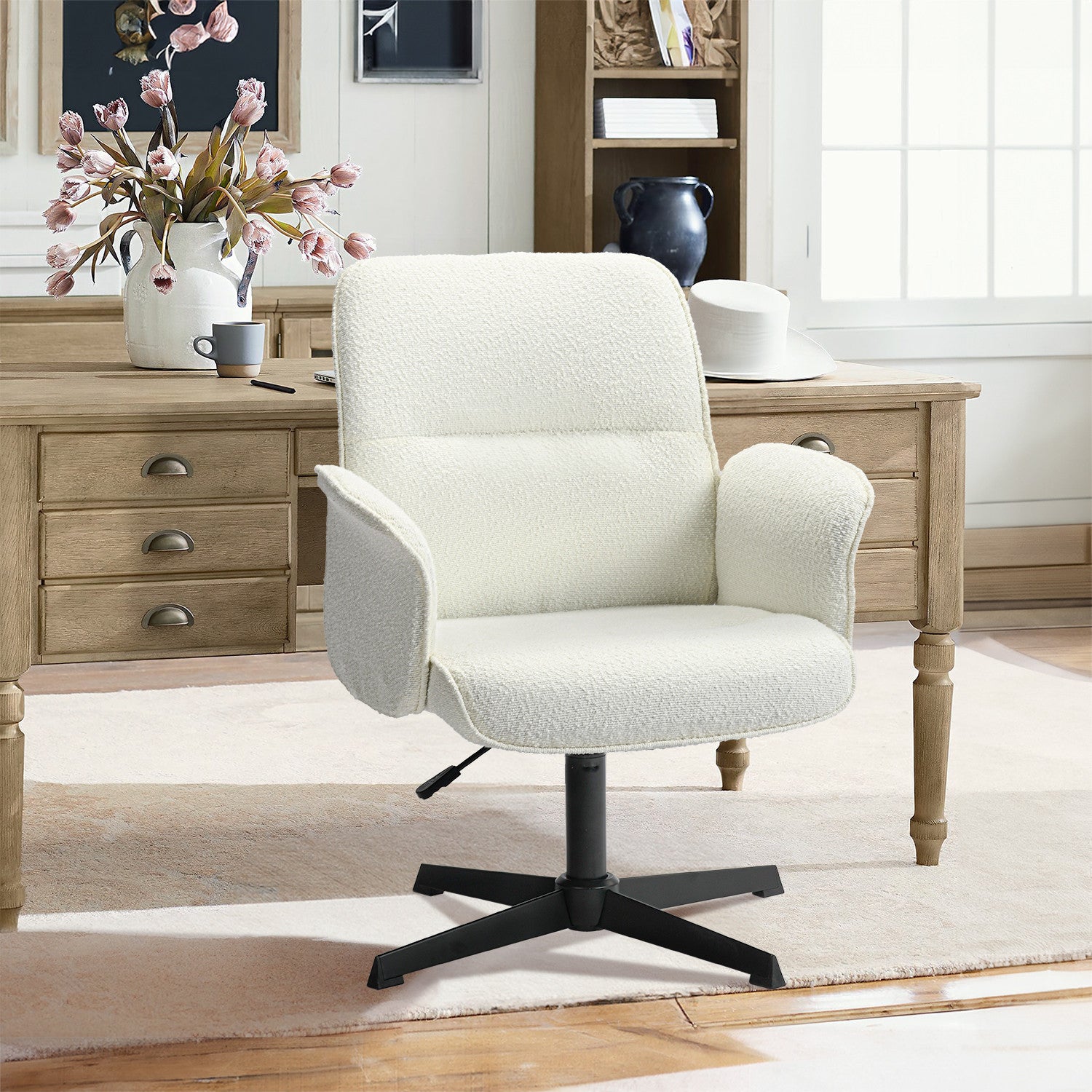 Off White and Black Boucle Adjustable Height Swivel Executive Office Chair