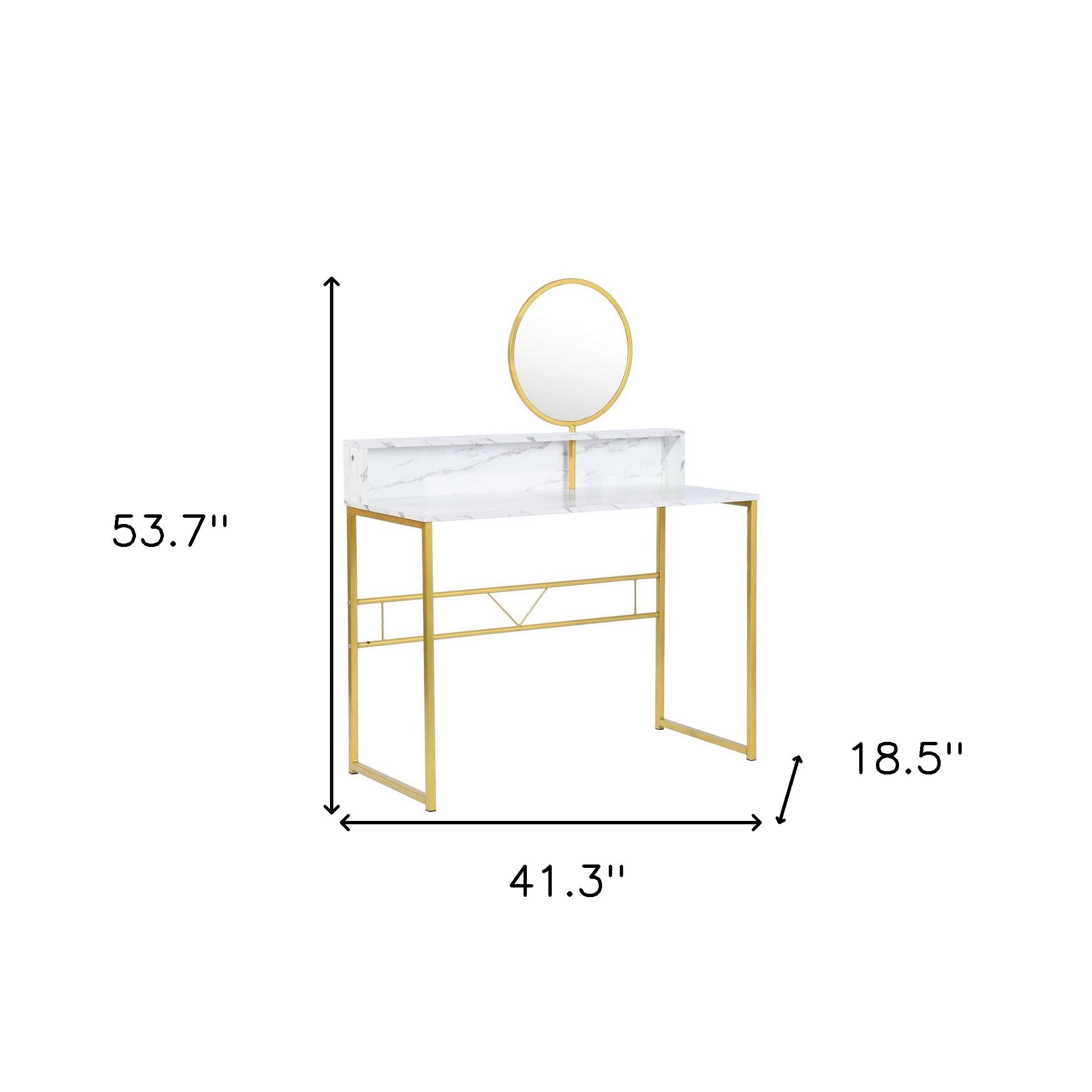 41" White And Gold Faux Marble and Steel Vanity Table with Mirror
