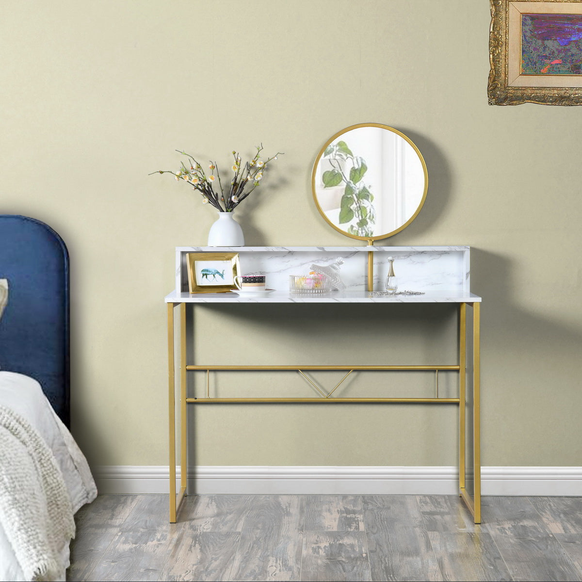 41" White And Gold Faux Marble and Steel Vanity Table with Mirror