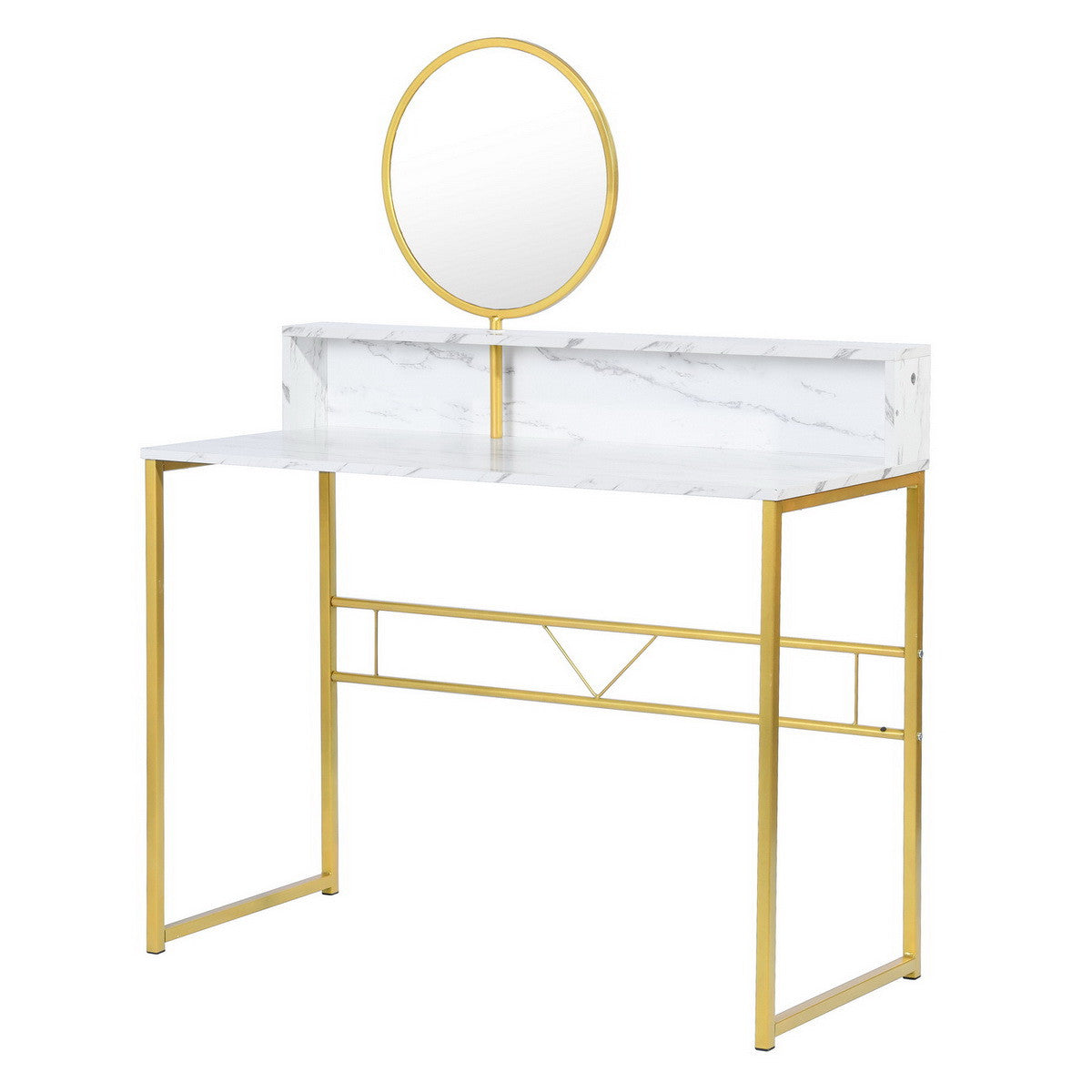 41" White And Gold Faux Marble and Steel Vanity Table with Mirror