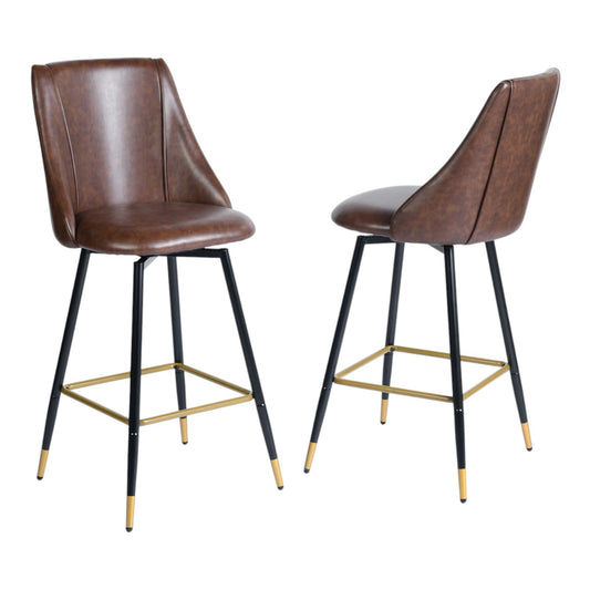 Set of Two 26" Brown and Black and Gold Faux Leather and Metal Counter Height Swivel Bar Chairs