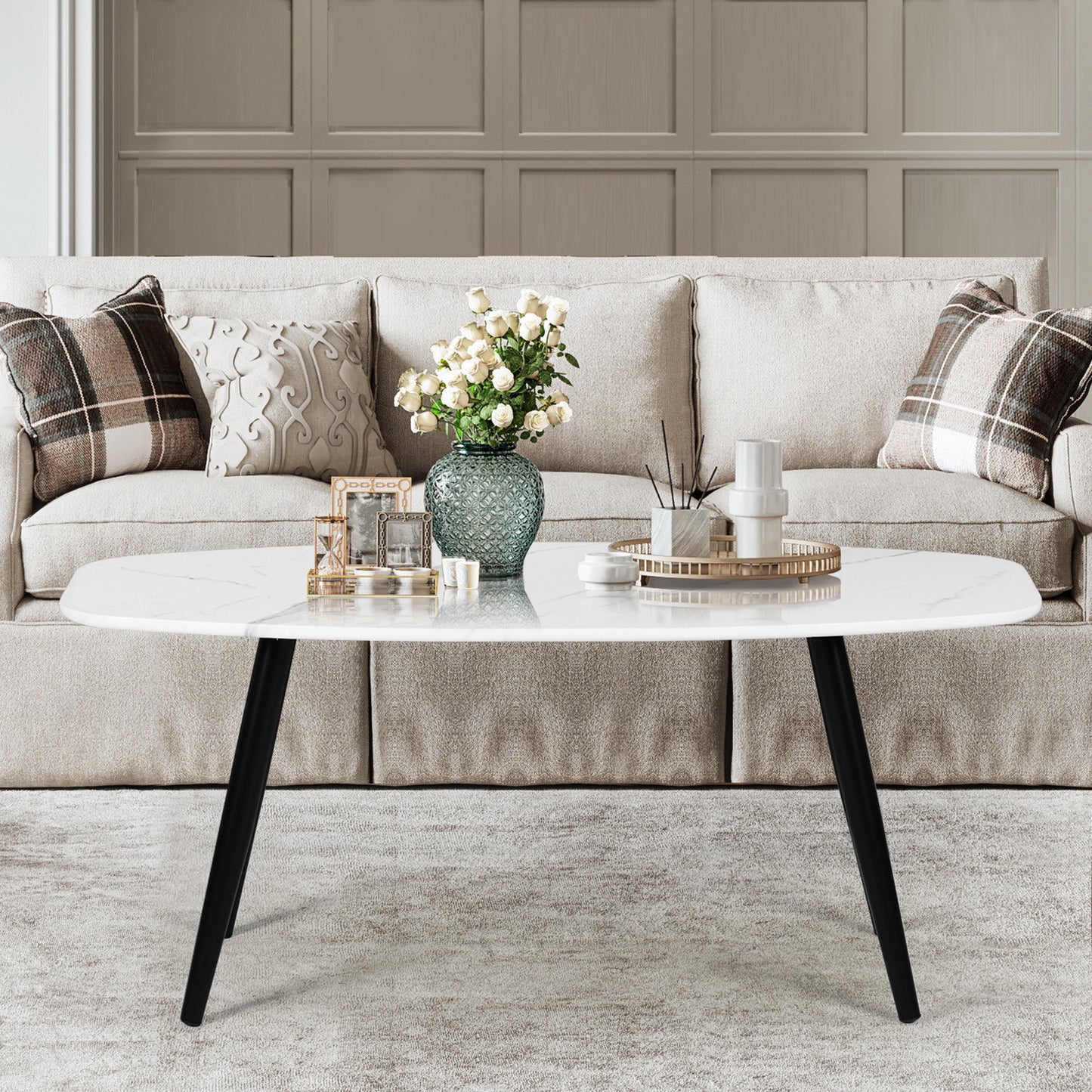 43" White and Black Faux Marble And Steel Coffee Table