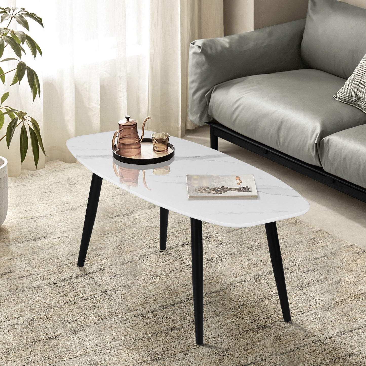 43" White and Black Faux Marble And Steel Coffee Table