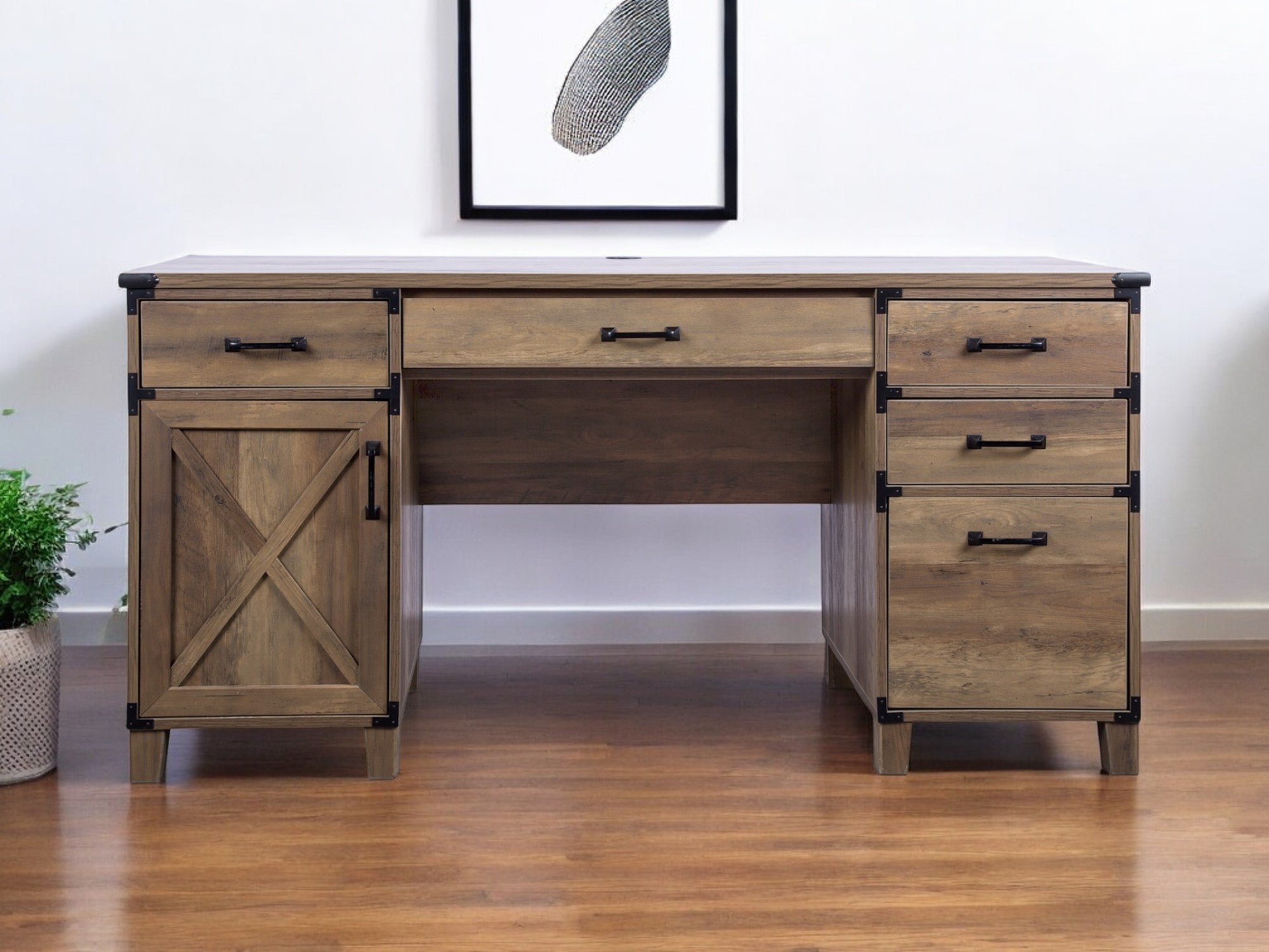 59" Natural Wood Executive Desk With Five Drawers