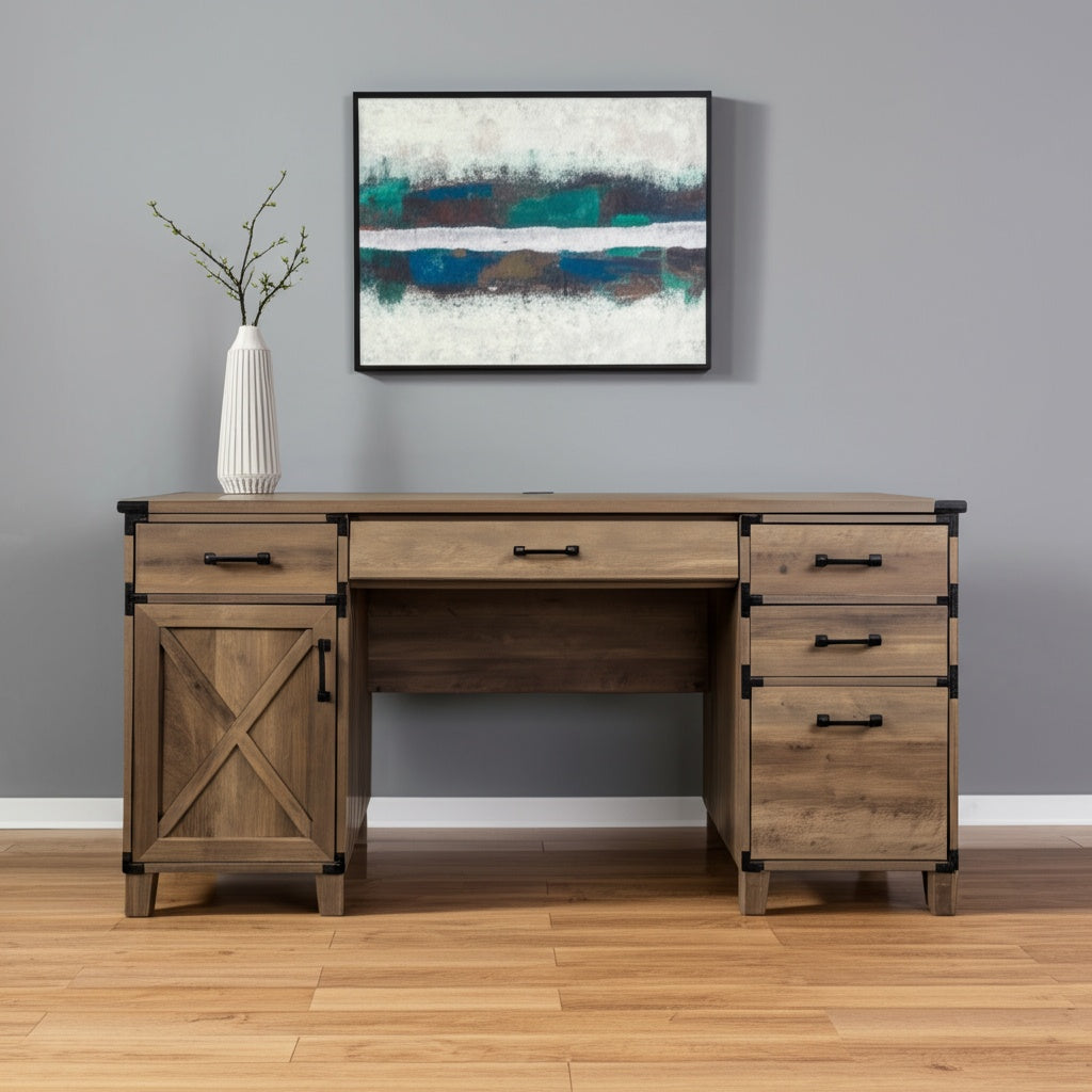 59" Natural Wood Executive Desk With Five Drawers