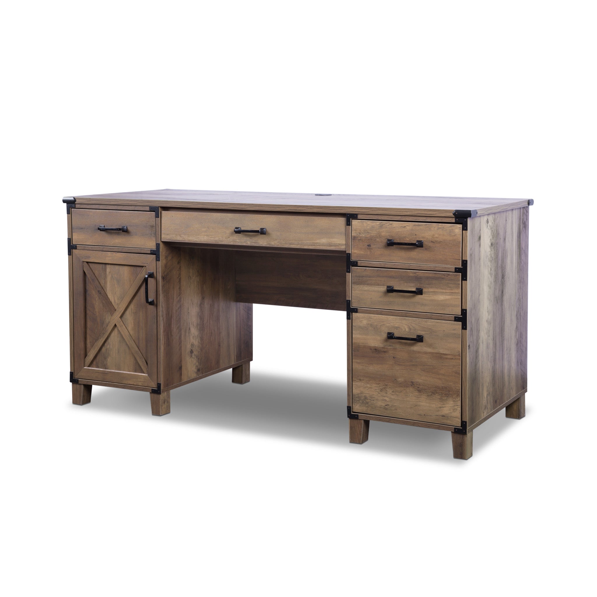 59" Natural Wood Executive Desk With Five Drawers