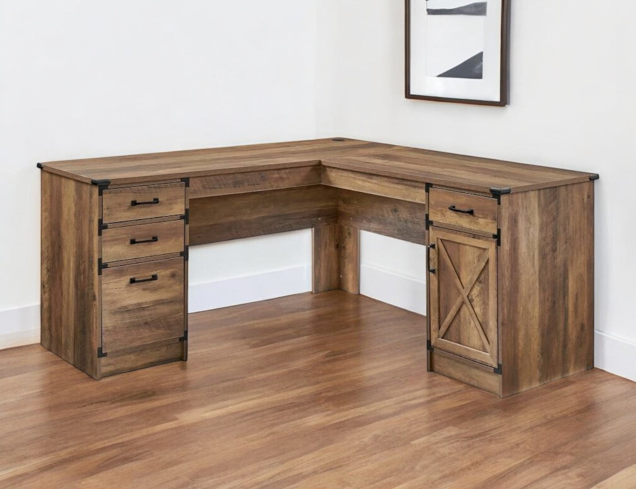 64" Oak Wood L Shape Executive Desk With Four Drawers