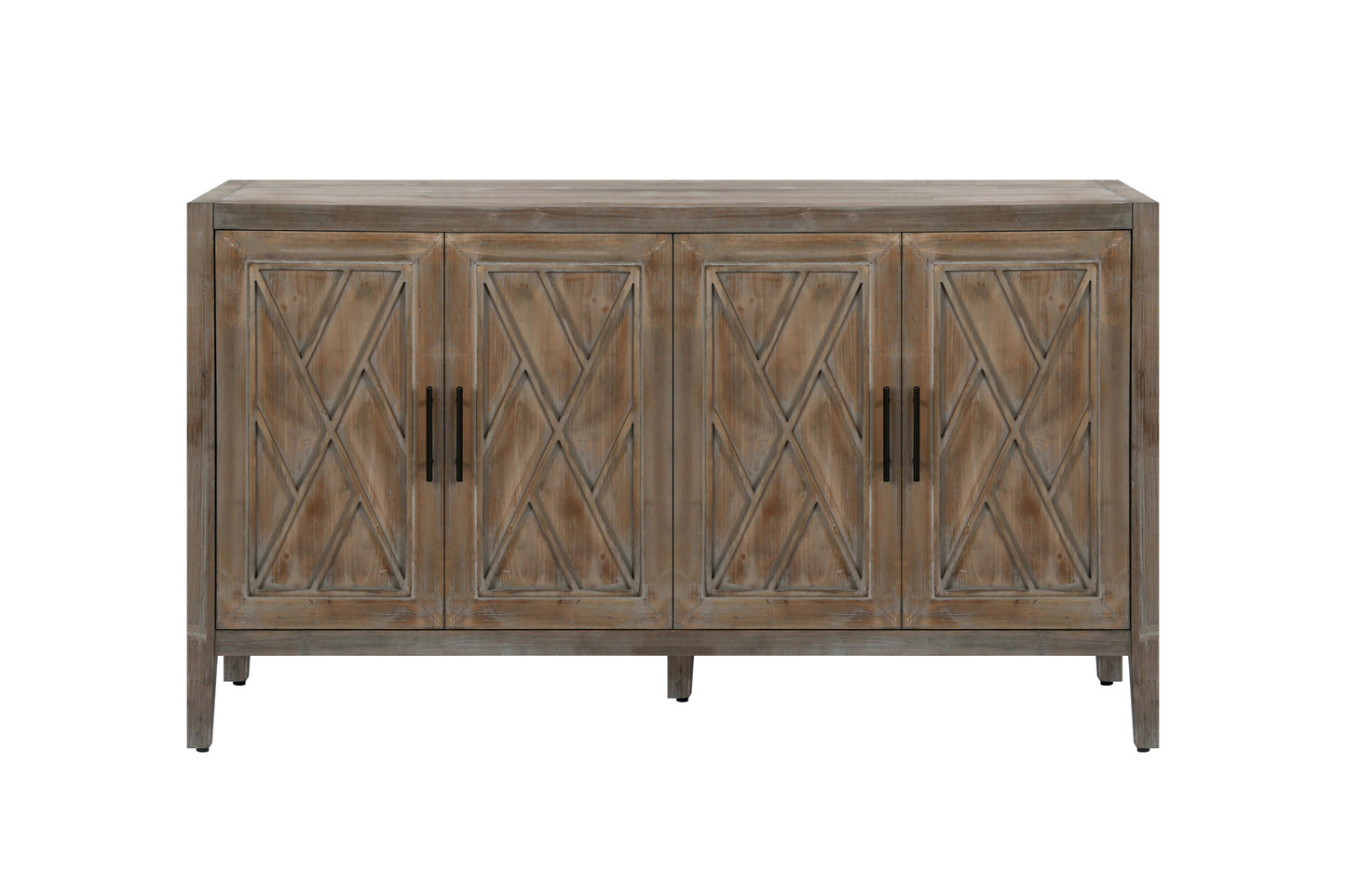 60" Natural and Brown Distressed Carved Geometric Sideboard with Four Doors