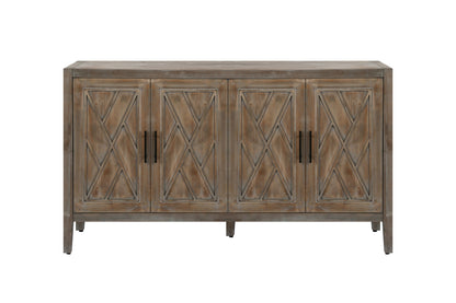 60" Natural and Brown Distressed Carved Geometric Sideboard with Four Doors