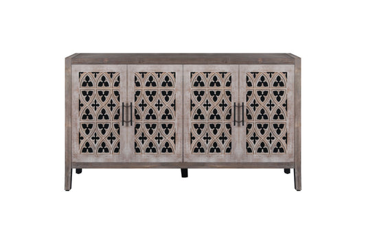 63" Brown Distressed Carved Scrollwork Sideboard with Four Doors