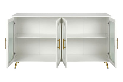 60" White Ribbed Texture Wood And Glass Sideboard with Four Doors