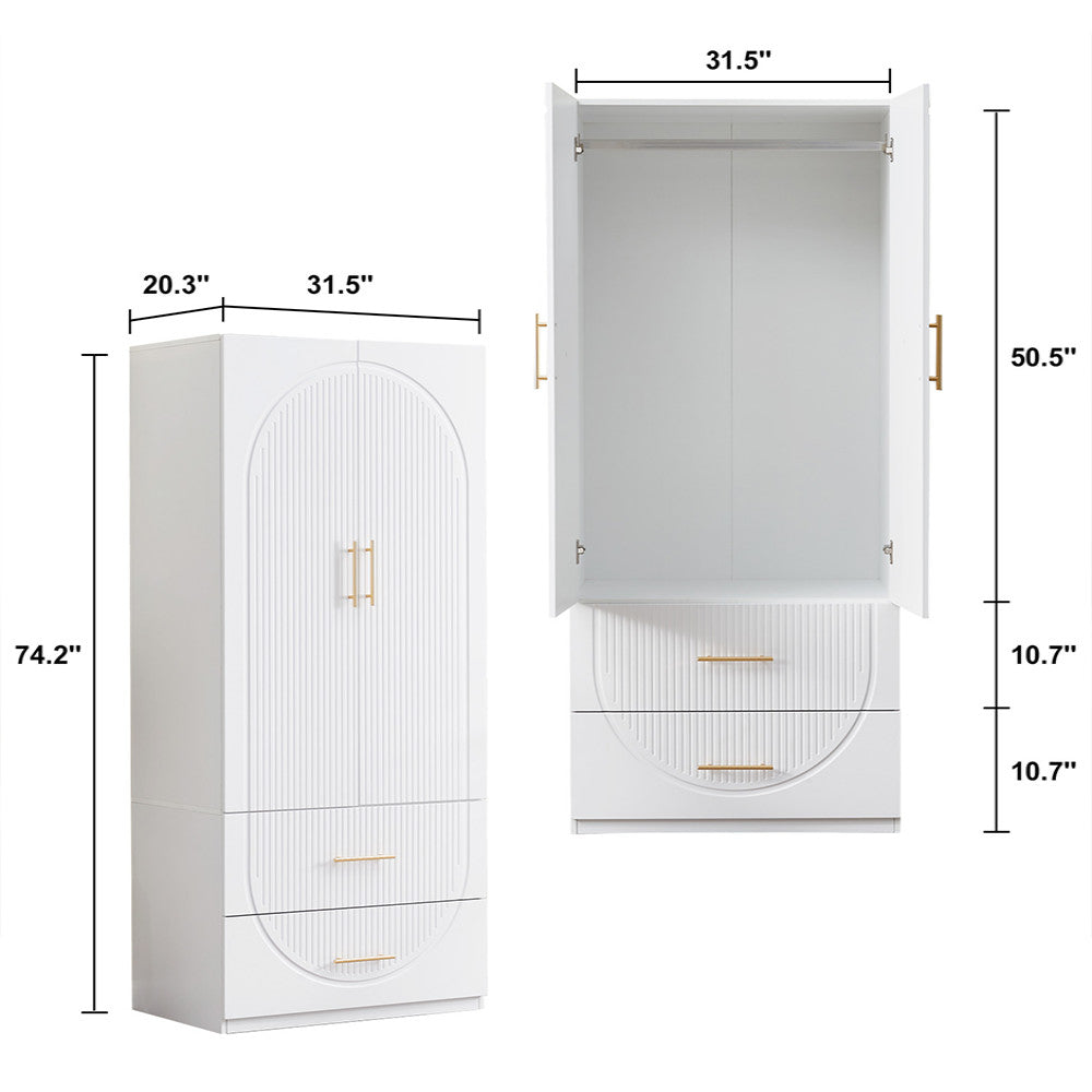 74" White Carved Geometric Two Door Two Drawer Combo Dresser