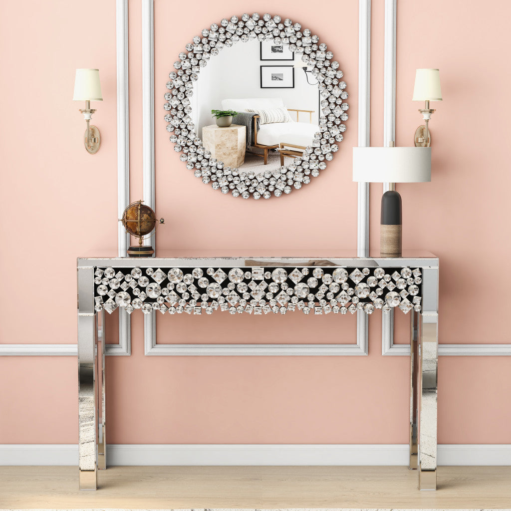 47" Silver Mirrored Glass Faux Crystal Bling Console Table