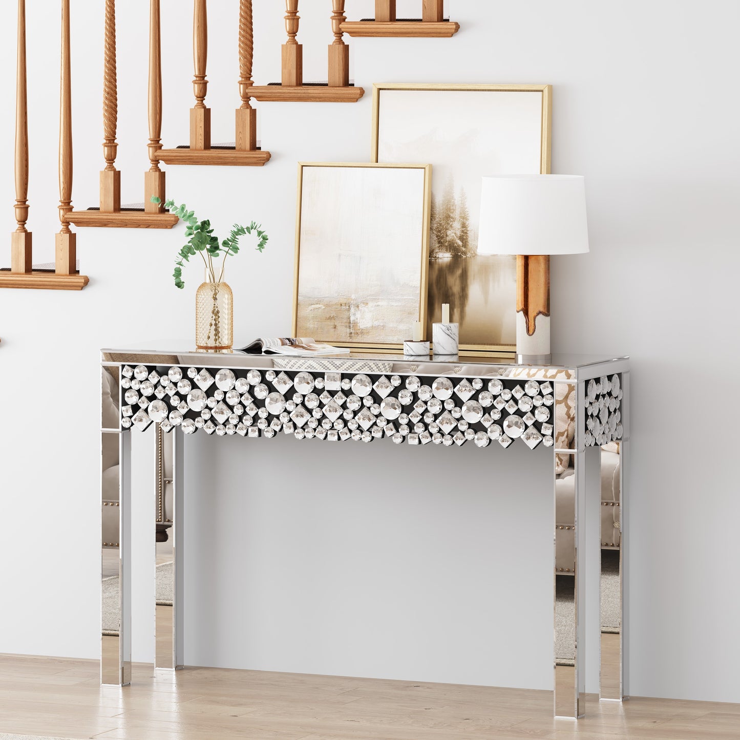 47" Silver Mirrored Glass Faux Crystal Bling Console Table