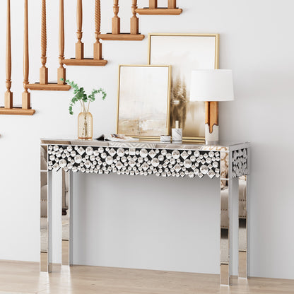 47" Silver Mirrored Glass Faux Crystal Bling Console Table