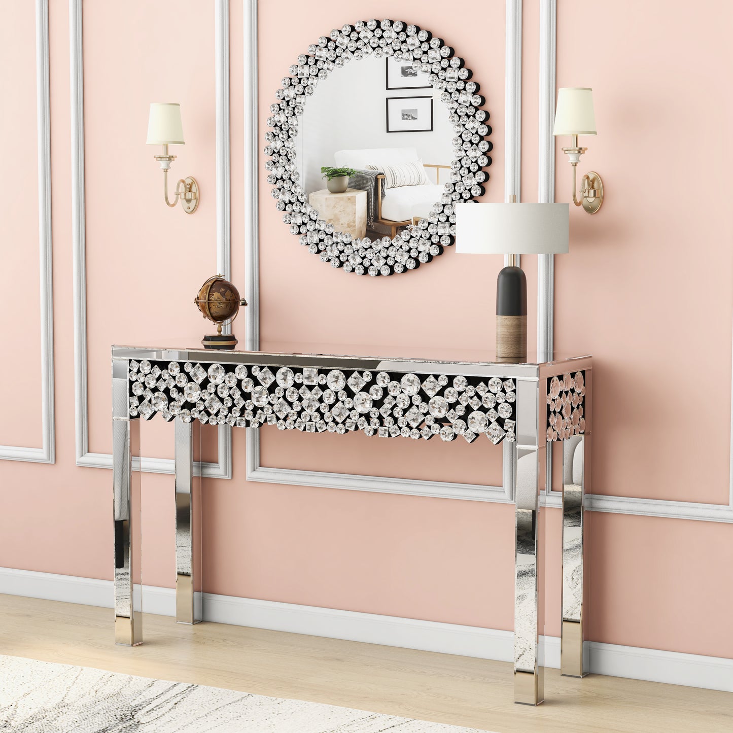 47" Silver Mirrored Glass Faux Crystal Bling Console Table