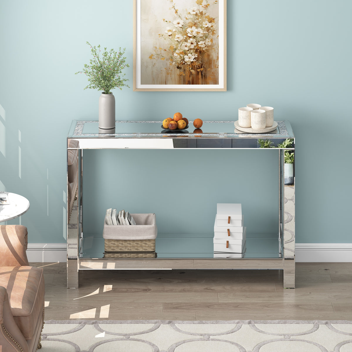 47" Silver Mirrored Glass And Faux Crystals Console Table With Shelf