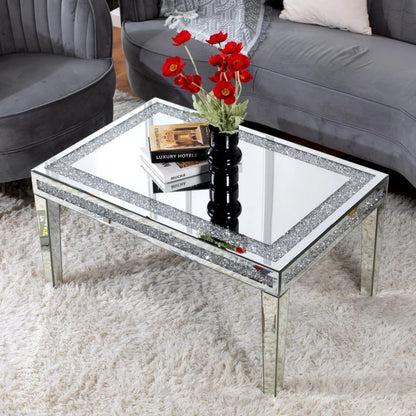 36" Clear and Silver Mirrored Faux Crystal and Glass Coffee Table