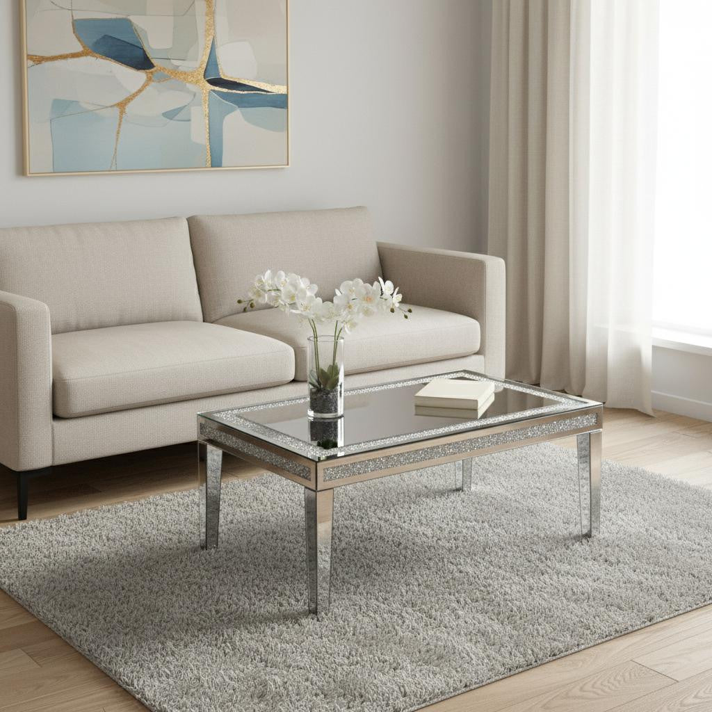 36" Clear and Silver Mirrored Faux Crystal and Glass Coffee Table